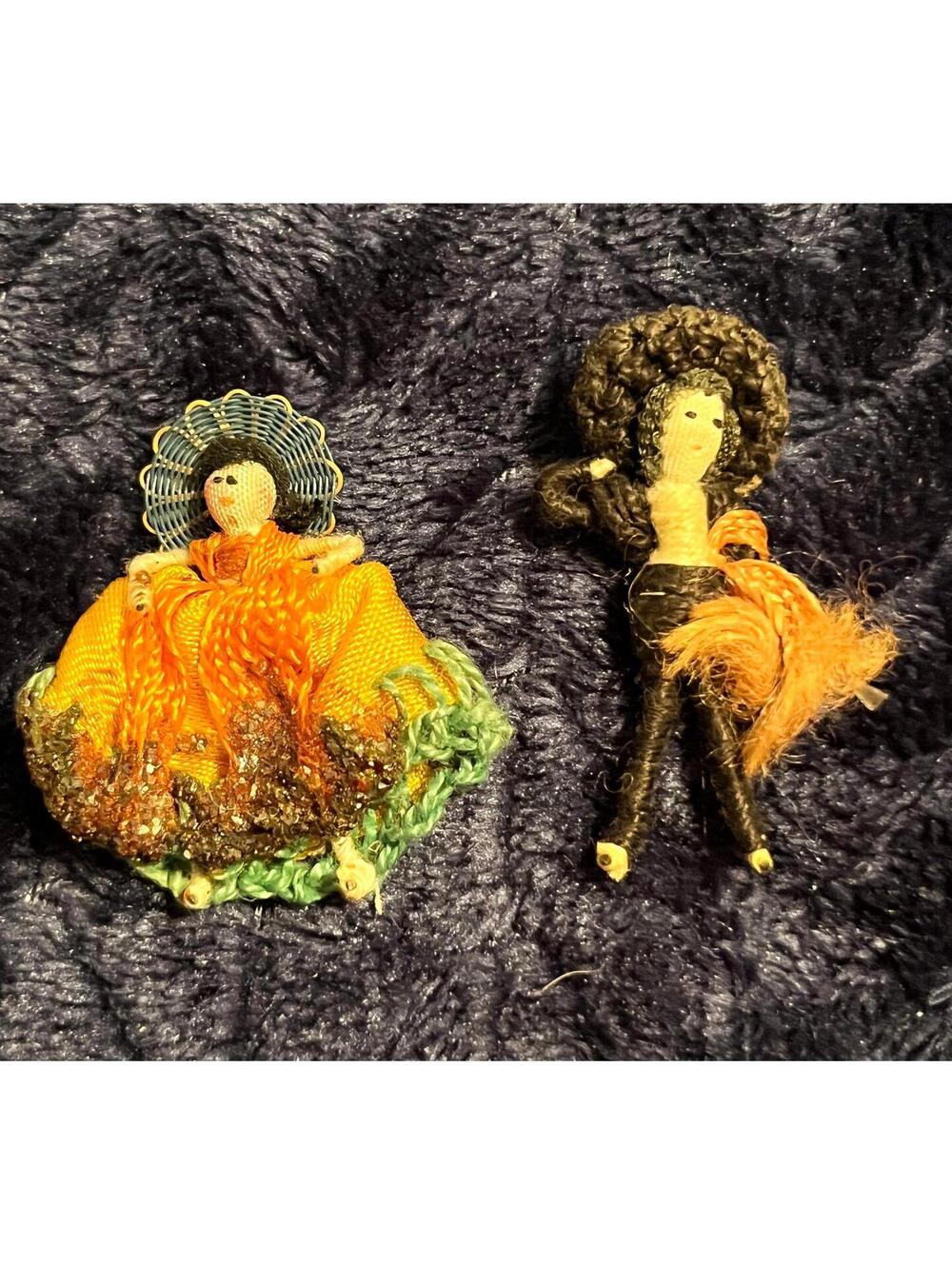 Set of 2 Vintage Thread Dolls Spun Silk Dolls Latin America Spain